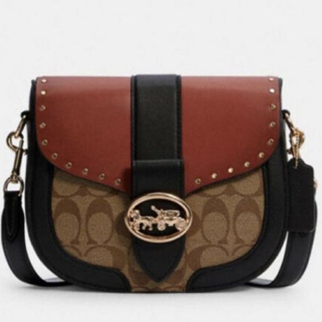 Coach Georgie Saddle Bag In Color block Signature Canvas With Rivets Khaki Terracota Multi ( C3593)