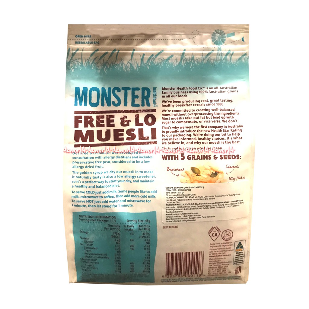 Monster Free &amp; Lo Muesli Hot or Cold Cereal Sereal Bebas Gula BIsa Untuk Dingin dan Panas 500gr