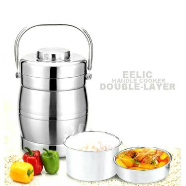 Double layer handle cooker 1,4L / rantang stainless / Tempat nasi stainless / tempat bekal 1,4Liter