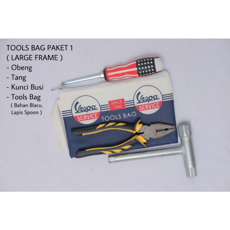 Tools Bag alat komplit tas kunci busi motor vespa dompet busa anti getar tas kunci busi obeng tang kunci Y wajib punya di vespa clasik.Kelengkapan tergantung paket pilihan - tas- Obeng amerika bagus - Tang ukuran 8 inch cukup - Kunci busi pts-3