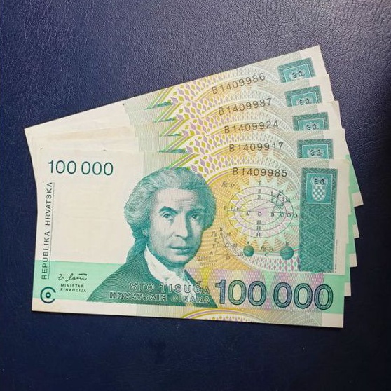 Uang Kuno 100000 Dinara Kroasia