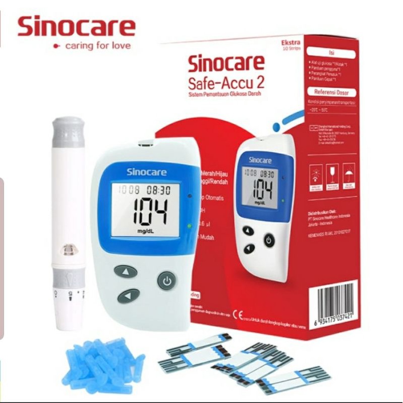 Alat Cek Gula Darah Sinocare Safe-Accu 2 (10 Strip &amp; 10 Lancets)