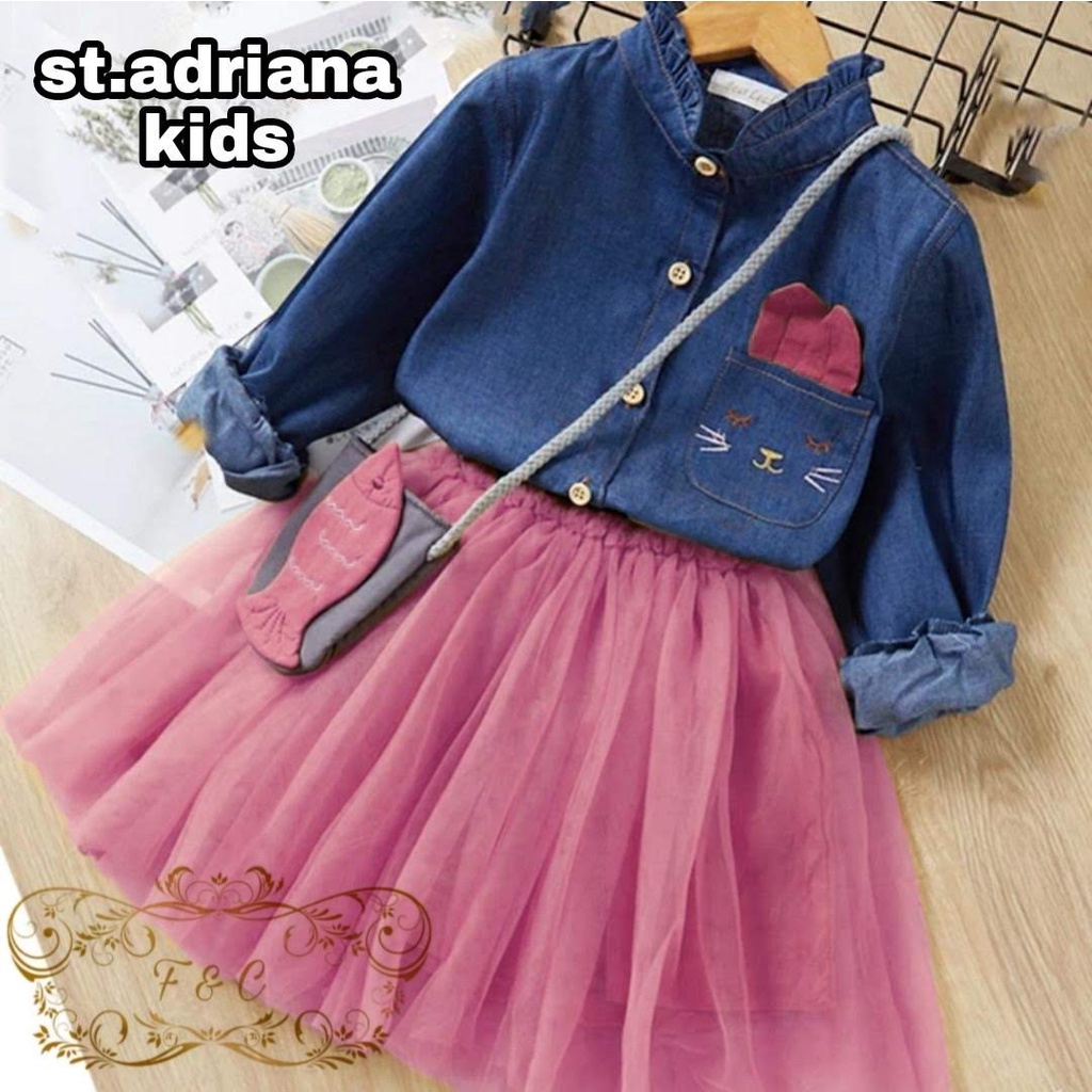 ALMIRAH 18 - ST ADRIANA KIDS KEMEJA MATT KATUN DENIM KANCING BUKA FULL ROK TILE FURING PINGGANG KARET ADA TAS FREE SIZE