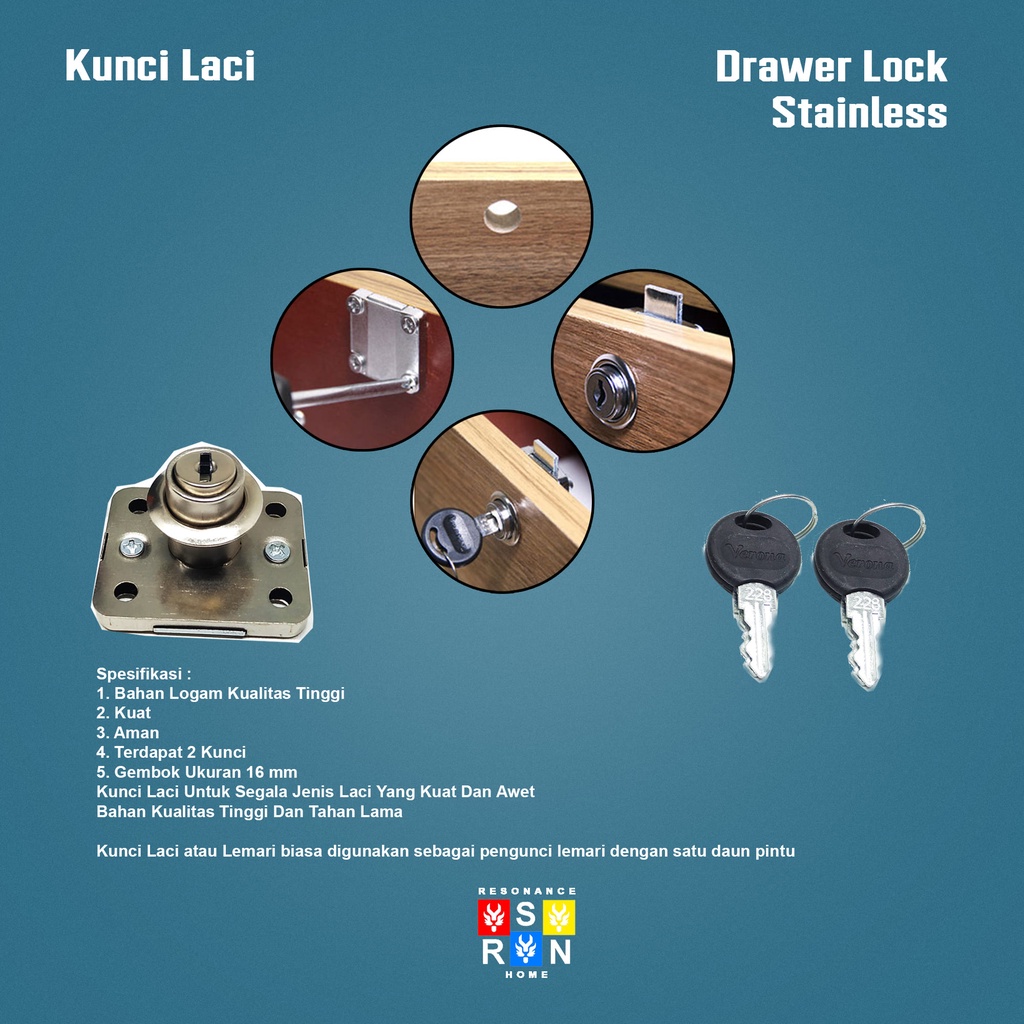 Kunci Laci l Lemari l Drawer Lock 16mm Resonance Home