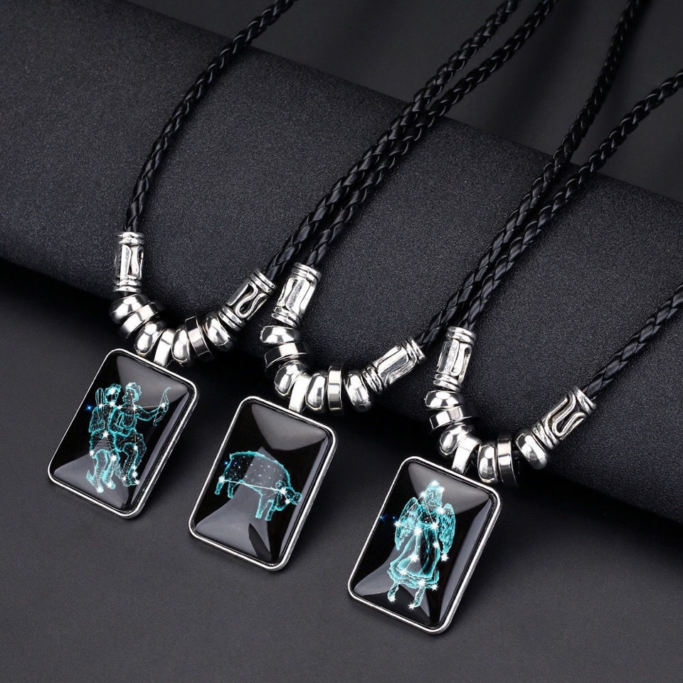 Kalung Tali Kulit Liontin Zodiak 12 Rasi Bintang Luminous Gaya Punk Rock Vintage Untuk Pria Dan Wanita