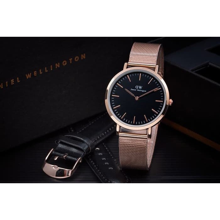 Jam Tangan Wanita / Cewek DW Pasir Paket 02 Rosegold Hitam