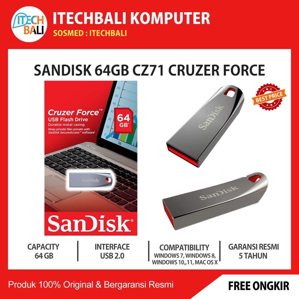 Flashdisk SANDISK 64GB Cruzer Force CZ71 Usb 2.0 | ITECHBALI