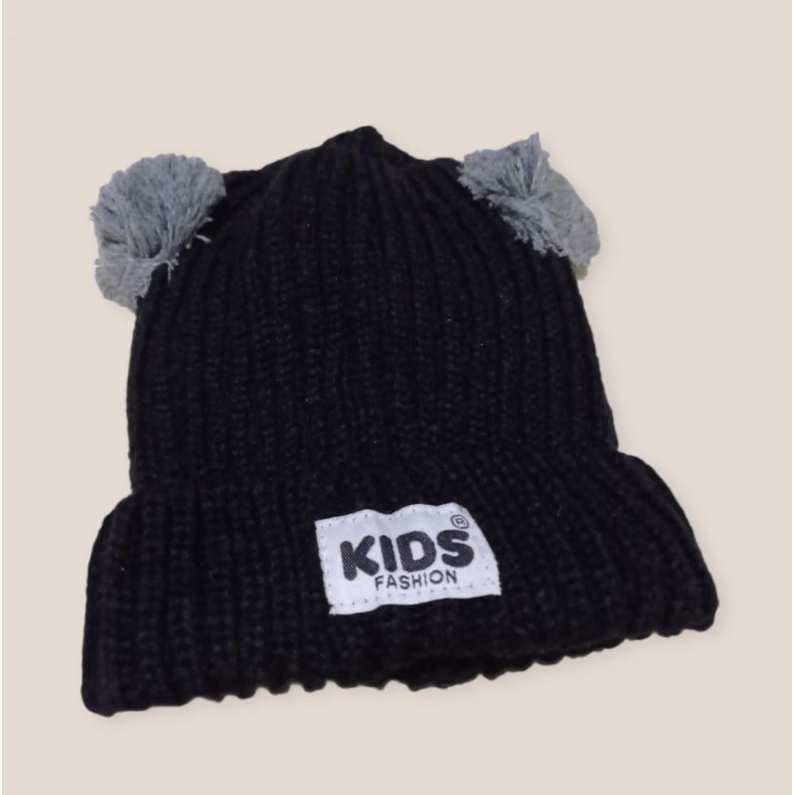 Topi Pompom Bayi Topi Anak Rajut Lembut Topi Koala Topi Bayi lucu-Hitam