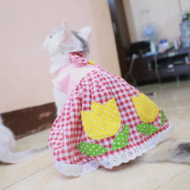 Dress kotak-kotak bunga anak paud / dress untuk kucing dan anjing lucu murah size S-XL