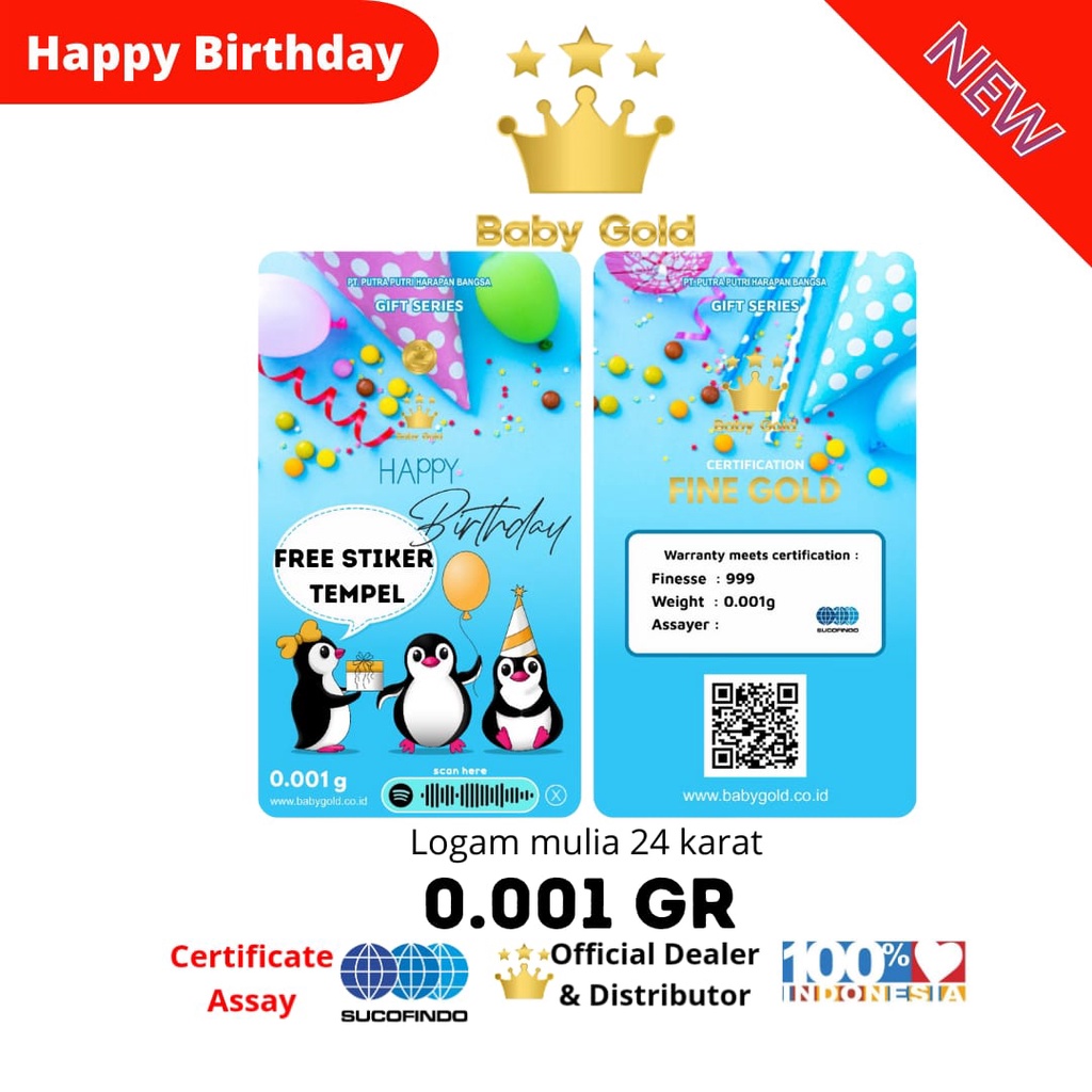 BABY GOLD edisi Happy Brirthday Pinguin Emas Mini Logam Mulia 0.001gr