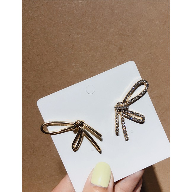 LRC Anting Tusuk Fashion Gold Rhinestone Bow S925 Silver Needle Earrings D00267