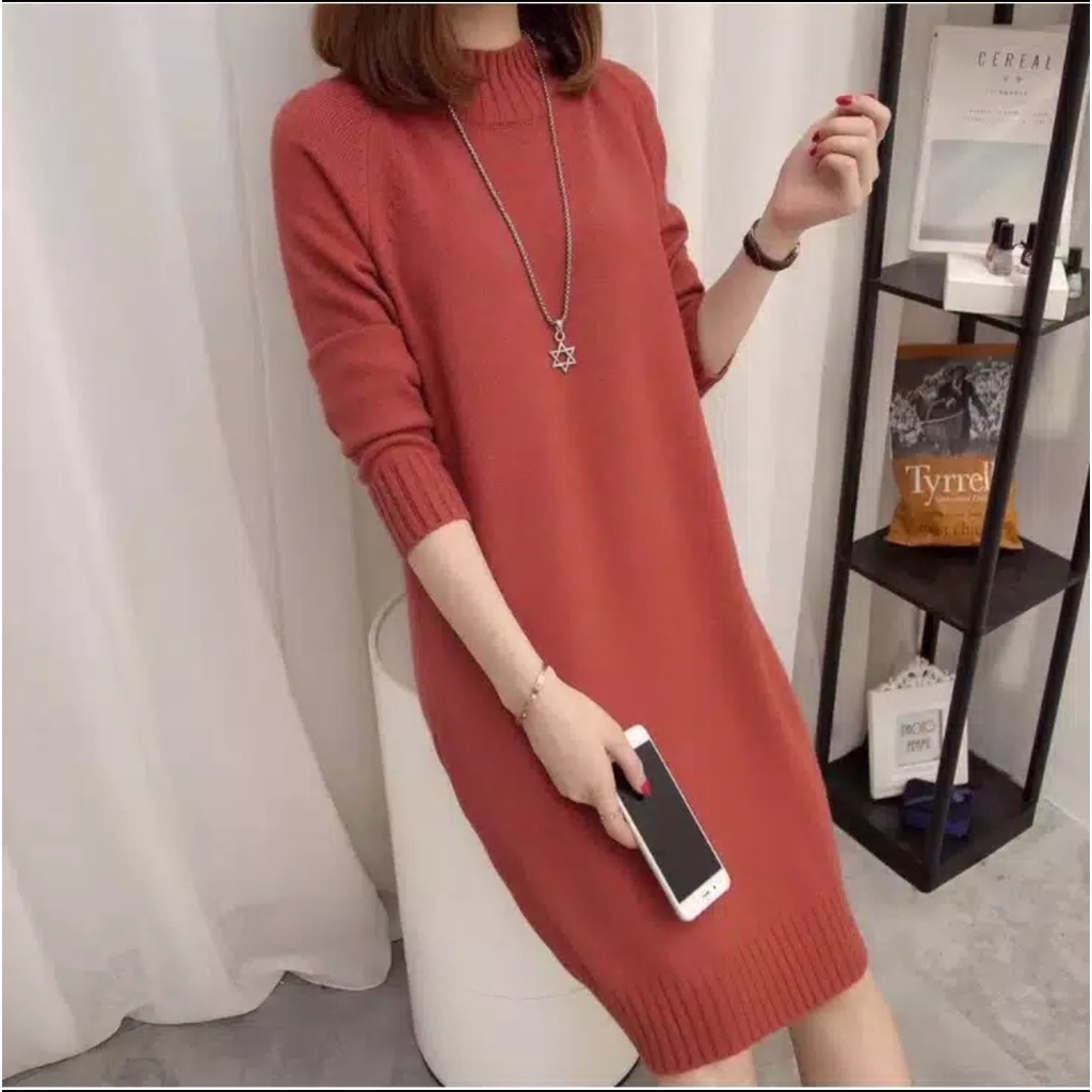 HOPYLOVY Midi Dress Tunik Korean Style Bahan Rajut Ven