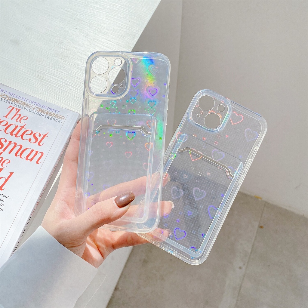 Soft case Transparan Motif Hati Laser Untuk iPhone 14 Pro max 13 Pro max 11 12 Xr 6 7 8 Plus X Xs max Se 2020