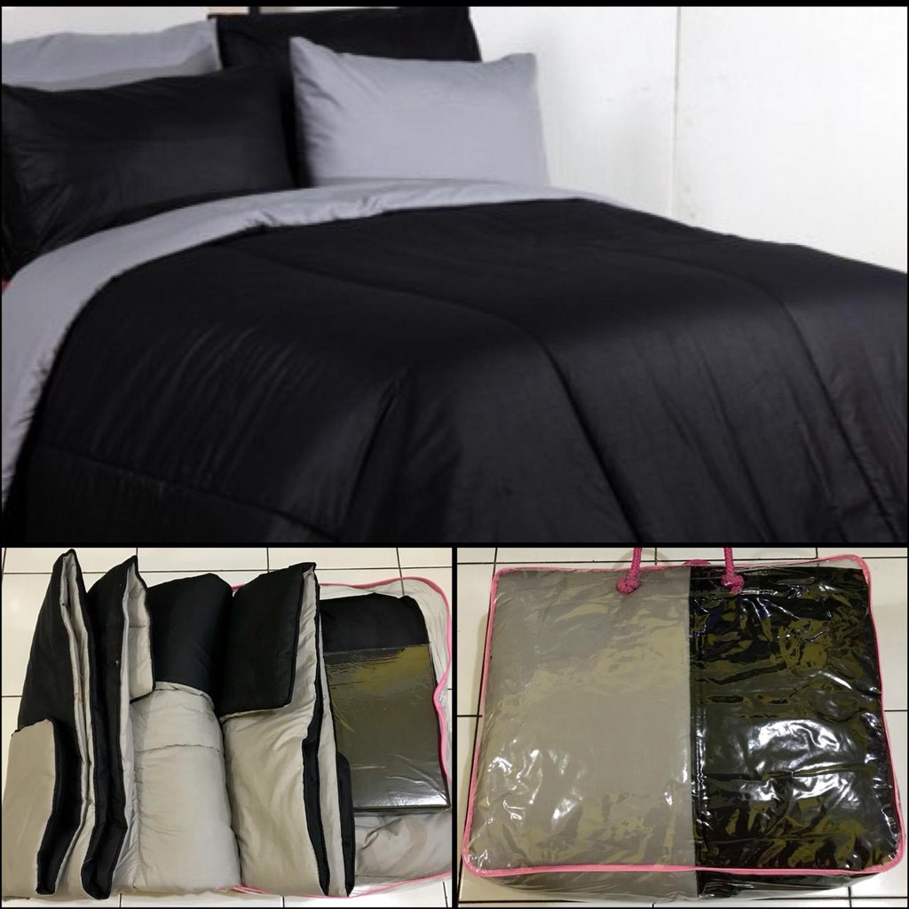 BED COVER SET POLOS BOLAK BALIK 2 WARNA HITAM DAN ABU 180X200 KATUN CVC