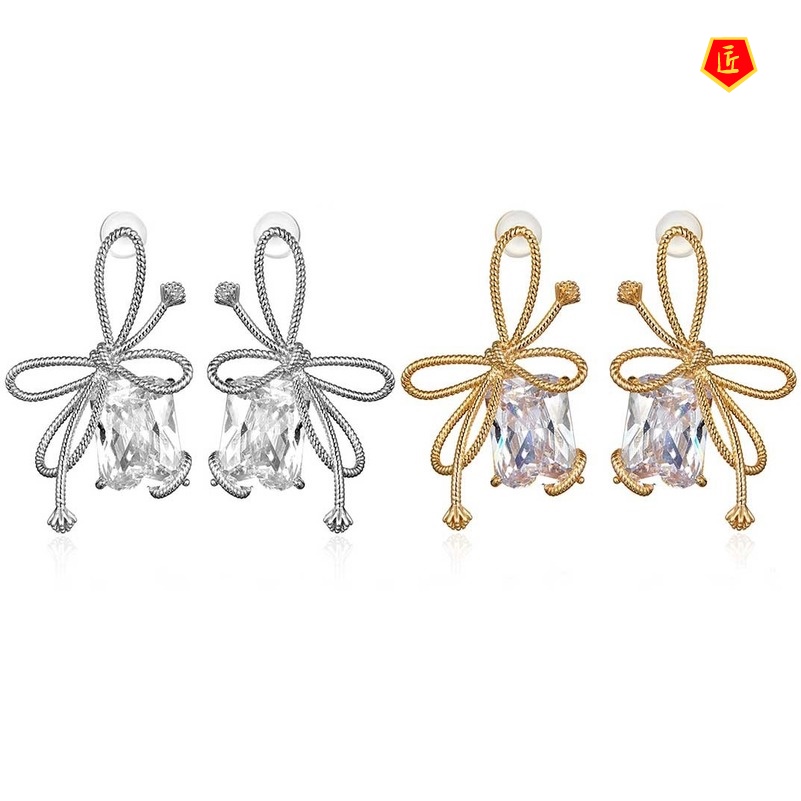 [Ready Stock]Simple Elegant Niche Bowknot Gem Earrings