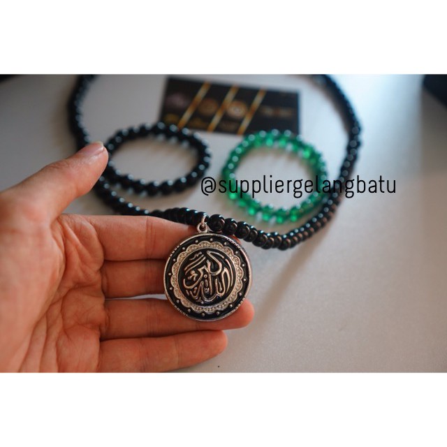 PROMO Kalung batu onyx ALLAHUAKBAR SILVER paket gelang giok muslim aksesoris fashionita pria wanita