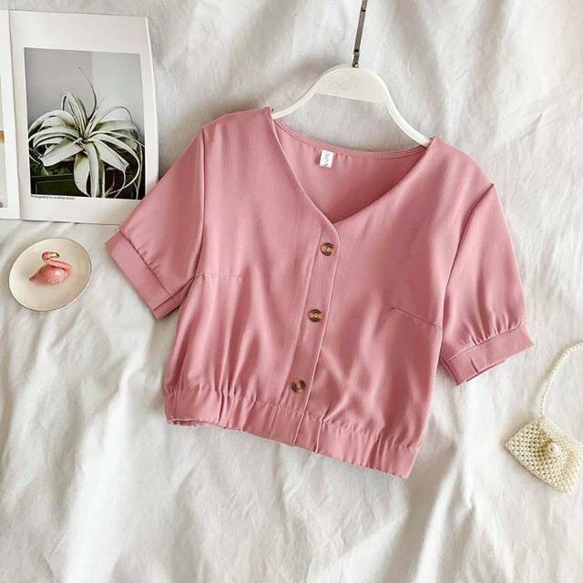 VS - Blouse Crop Zoya | Atasan Wanita Blouse Kancing Size XL