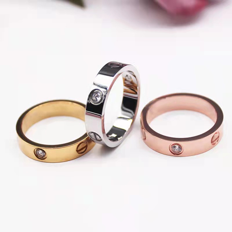 Cincin Titanium Steel Warna Rose Gold Hias Berlian Klasik Simple Unisex