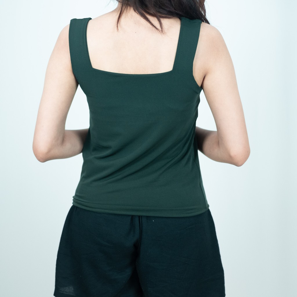 Firstact TANKTOP TANK TOP TANGTOP WANITA POLOS BASIC TALI BESAR SQUARE SPANDEK JERSEY-Hijau botol