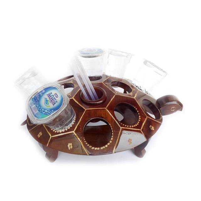Tempat aqua air mineral gelas model kura-kura dari kayu jati asli isi 14lubang