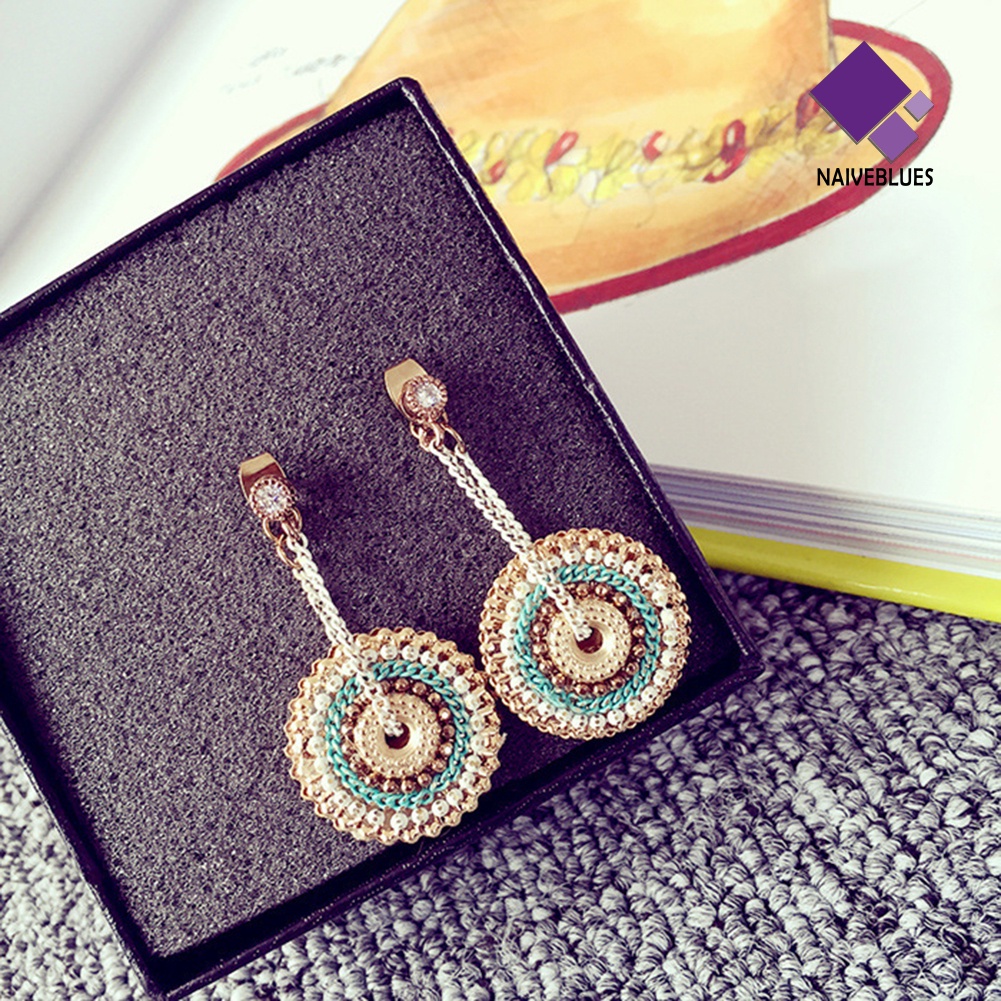 Naiveblue &gt; Anting Tusuk Gantung Desain Bulat Hias Berlian Imitasi Gaya Bohemian Handmade Untuk Wanita