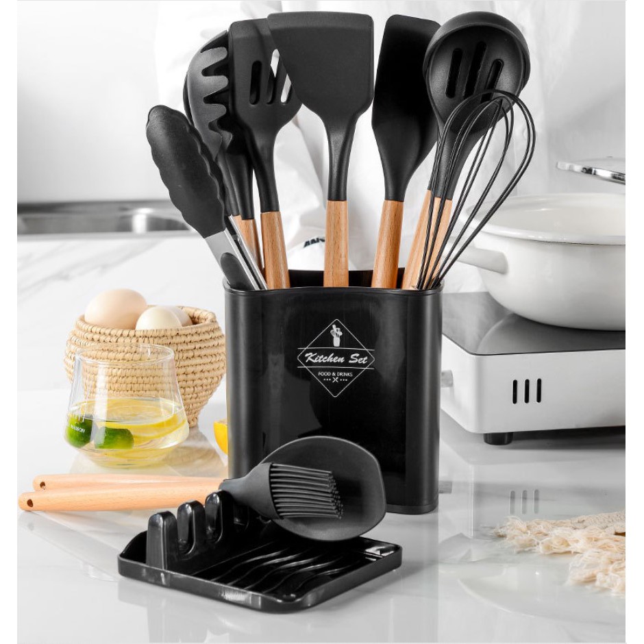 Square Bucket Utensil Set 13 Pcs / Peralatan Masak Goreng Tumis Rebus Panggang Sutil Spatula Silikon