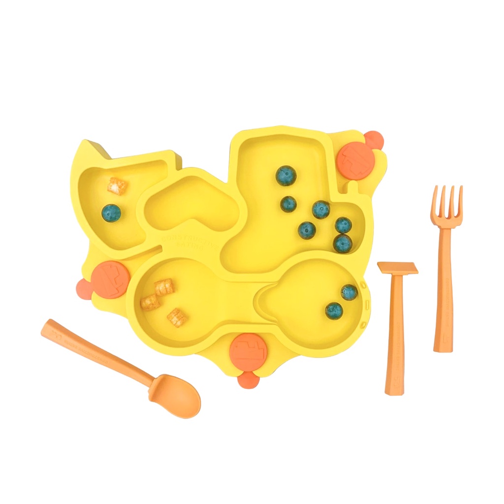 Constructive Eating - Constructive Baby Construction, set lengkap alat makan lucu cute bayi premium cocok hampers / kado isi 5 pcs (sendok, garpu, piring, pusher, tatakan) made in USA - Therapy Tools