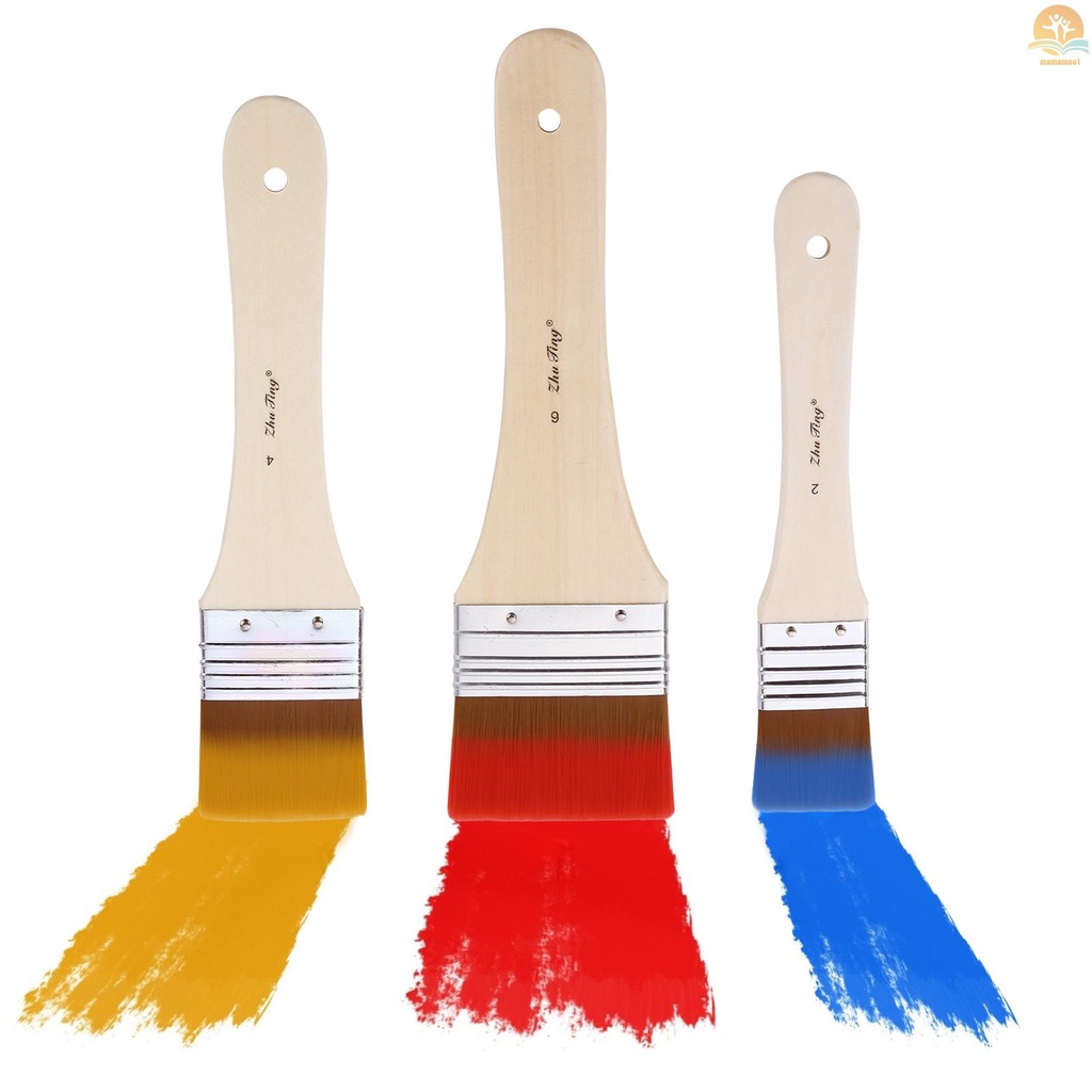 3pcs Professional Flat Paintbrush Set Nylon Hair Paint Brush Wooden Handle Artist Paint Tool for Acrylic Oil Gouache Watercolor Wall Arts and Craft Painting DIY Projects Household Clean