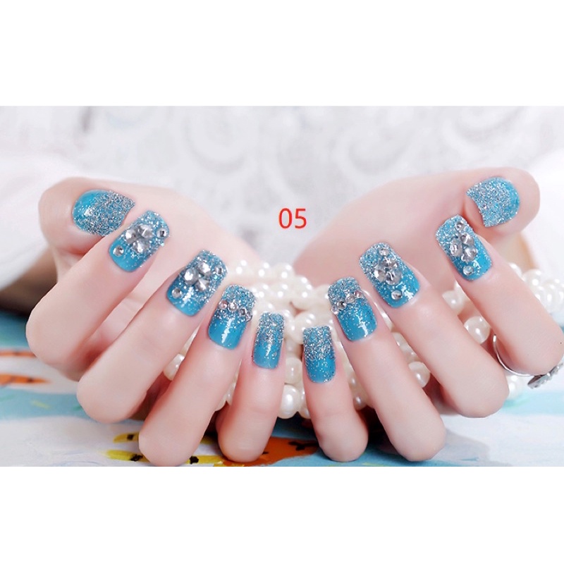 24PCS BLUE WEDDING FAKE NAILS KUKU PALSU WARNA BIRU PERNIKAHAN KUPAL WEDDING RHINESTONE