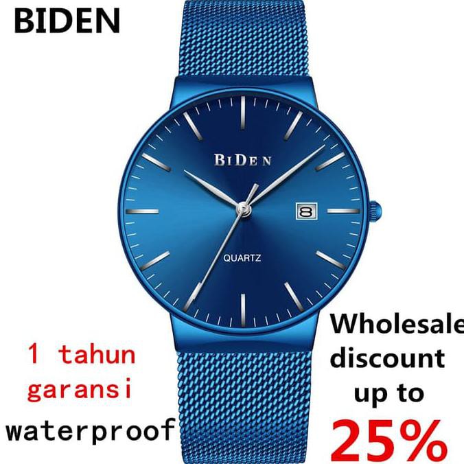Promo Gila Jam Tangan Pria Biden Analog Stainless Steel Mewah Mode Kasual - Biru Muda