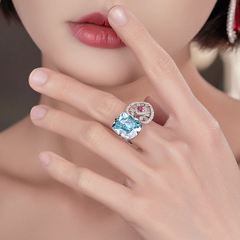 Cincin Bentuk Kotak Warna Biru Langit Bahan Cubic Zirconia Untuk Wanita