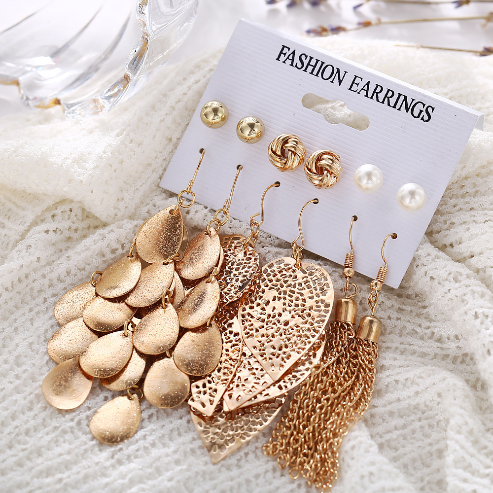 Fashion five pointed star circle love Tassel Earrings Set alloy women Earrings versatile jewelry accessories