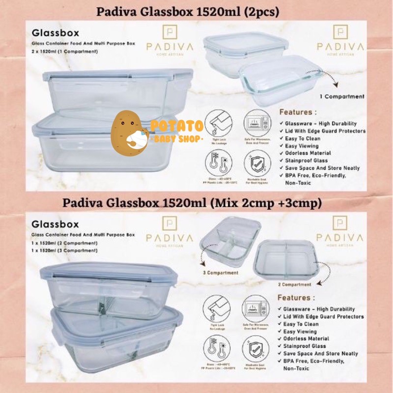 Padiva 1520ml (2pcs) Glassbox 1 &amp; Mix 2+3 Compartment