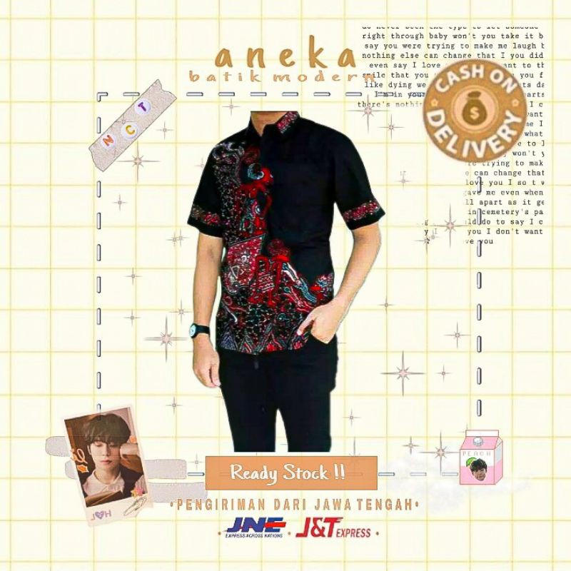 ATASAN KEMEJA BATIK PRIA COWOK LENGAN PENDEK MOTIF OMAH WAYANG HITAM MERAH SIMPEL MURAH