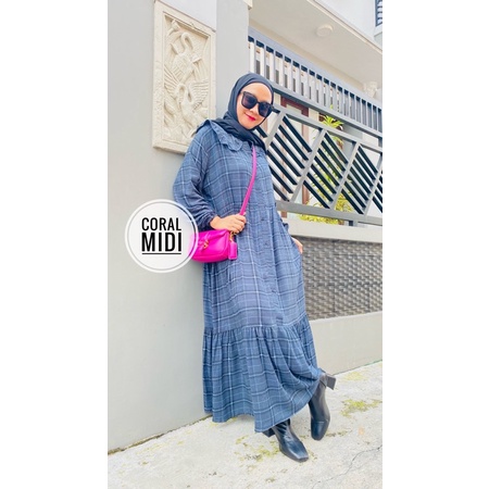 CORAL MIDI DRESS RAYON MOTIF FULL KANCING BUSUI KEKINIAN