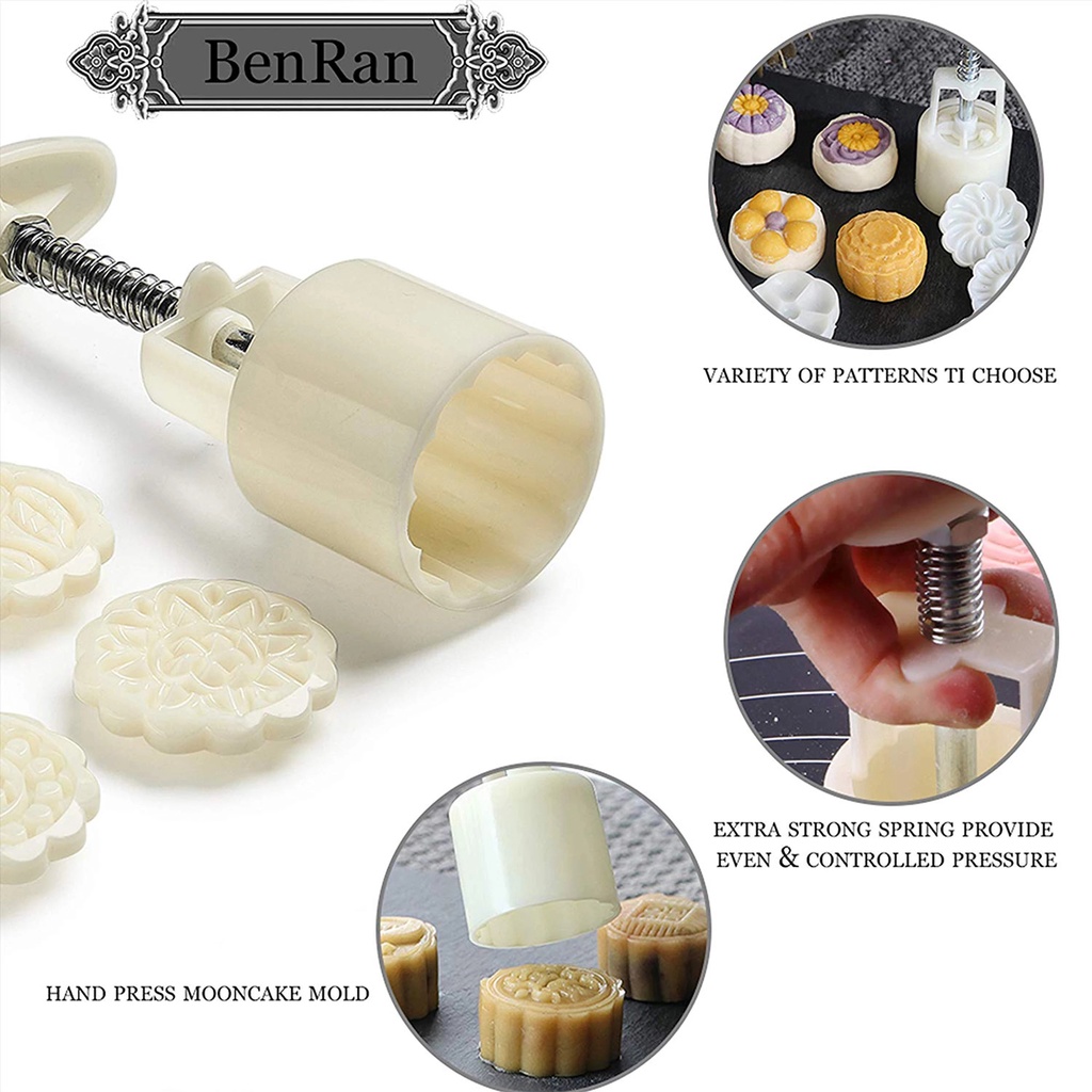 1set Alat Mooncake Cetakan Fondant Tekanan Tangan 50g Cetakan Mooncake Bulat Cookie Cutter Pastry Baking Tools