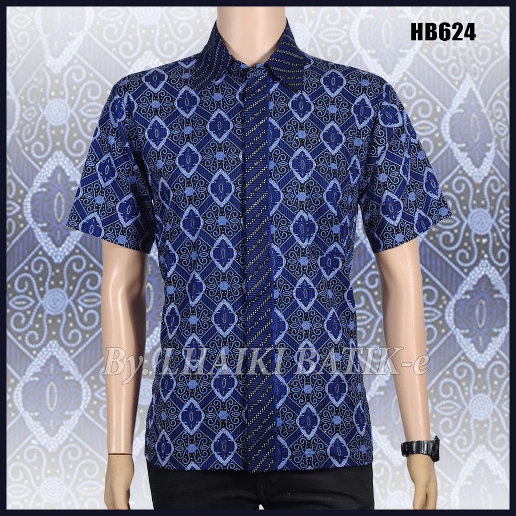 Risna Batik HRB026 kenongo kemeja hem pendek padi pekalongan M L XL MURAH KEREN bati pria wajik biru