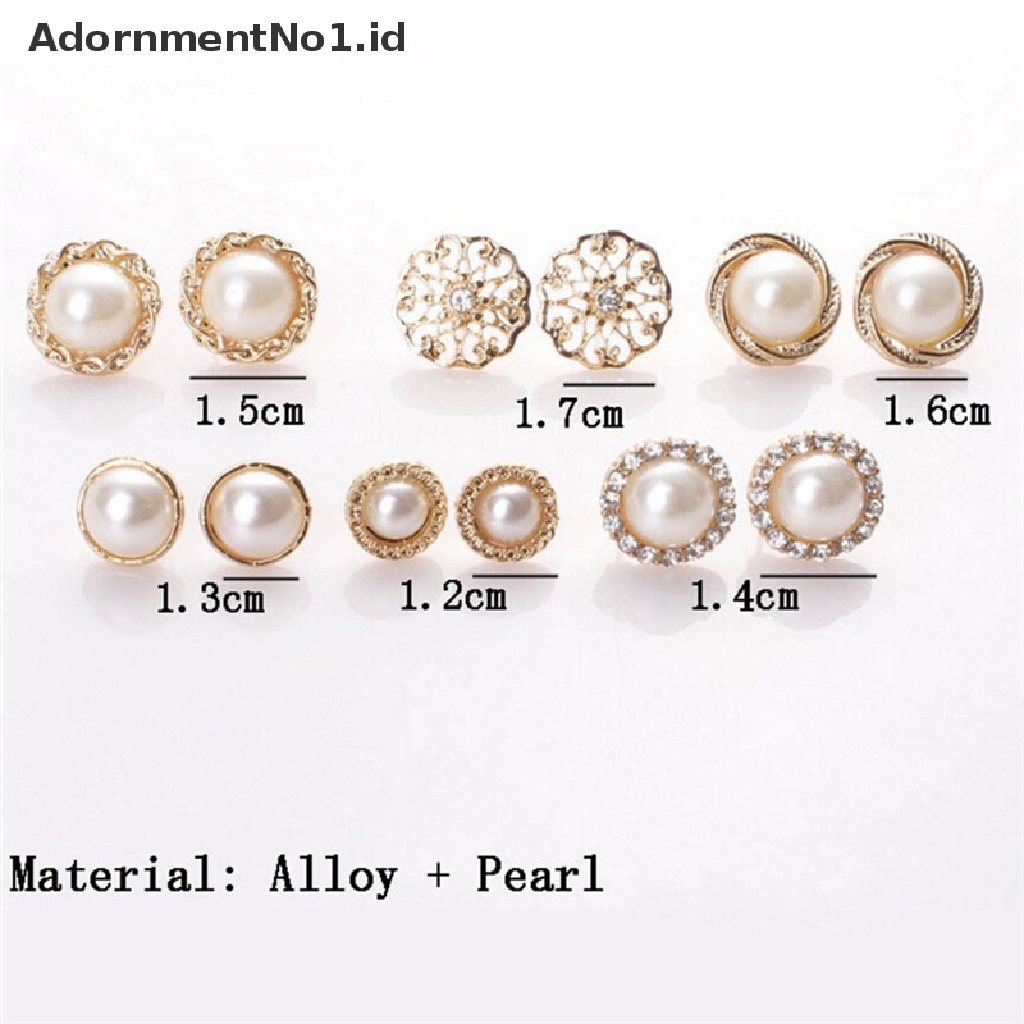 (AdornmentNo1) 6 Pasang / Set Anting Tusuk Motif Tanda + Mutiara + Berlian Imitasi Untuk Perhiasan Wanita (ID)