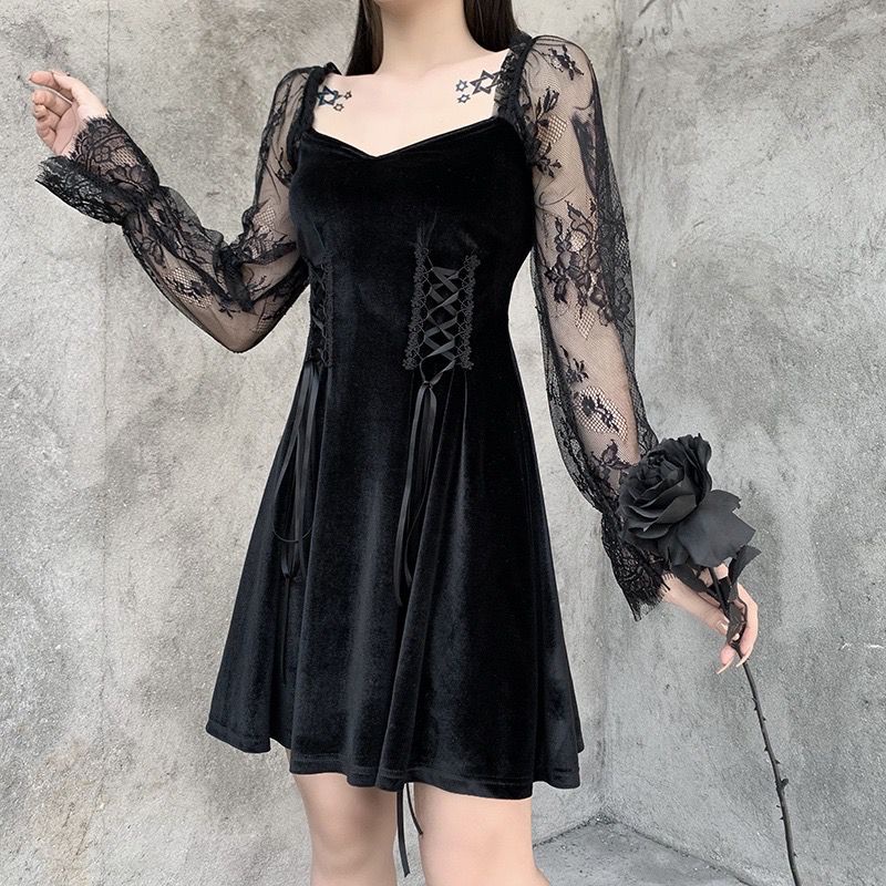 Gothic Vintage Grunge Layerder Lace Black Velvet Dress 8468 (S/M/L)