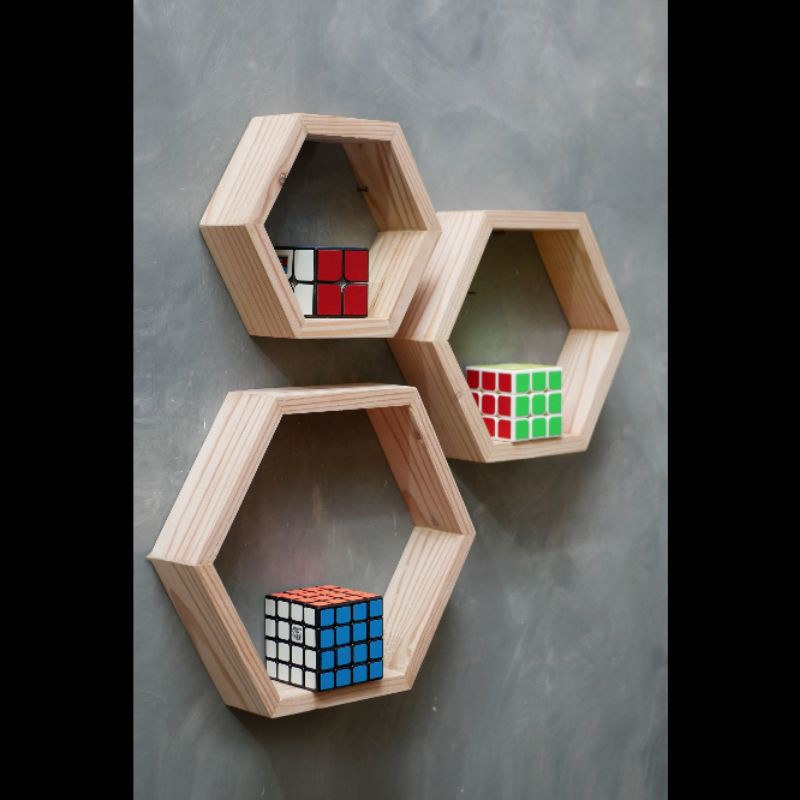 rak dinding hexagonal ambalan hexagon floating rak kayu 1 set 3pcs hiasan dinding kayu jati Belanda