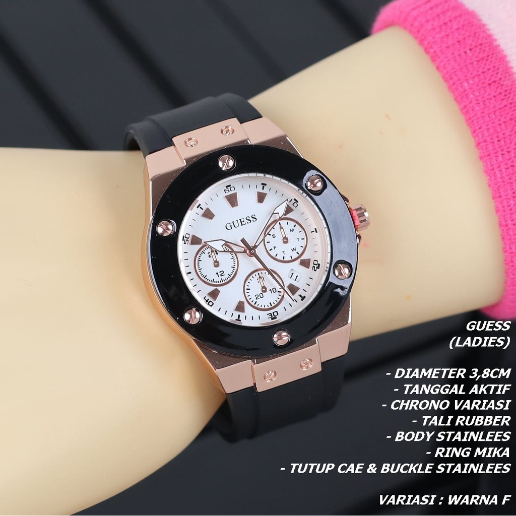 JAM TANGAN WANITA GUESS TALI RUBBER BODY BULAT TANGGAL AKTIF CHRONO OFF