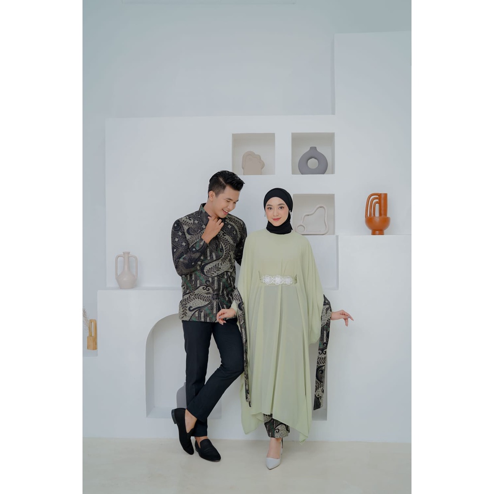SET COUPLE SERUNI HIJAU MUDA (KEMEJA BATIK, ROK BATIK DAN SLENDANG, ATASAN) BAJU KONDANGAN, BAJU LAM