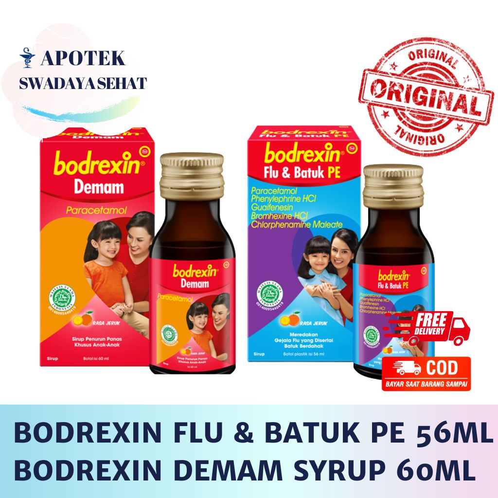 BODREXIN FLU &amp; BATUK PE SYRUP 56 ML - Bdrexin Demam Sirup 60Ml - Obat Batuk Berdahak Pilek Flu Sirup Anak Rasa Jeruk Sirup