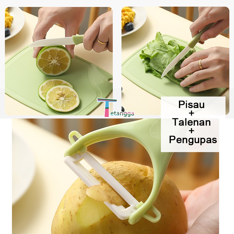 Pisau Set Keramik 3 In 1 Talenan Set Knife Set Peeler Buah Skin-peeler  Fruit Chopping Board Suit