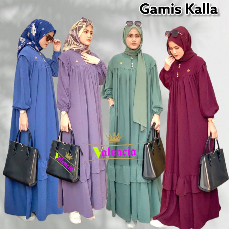 Kalla Gamis Wanita Crinkle Airflow Import Dress Jumbo Lengan Panjang Karet Baju Wanita Kekinian LD 120  cm