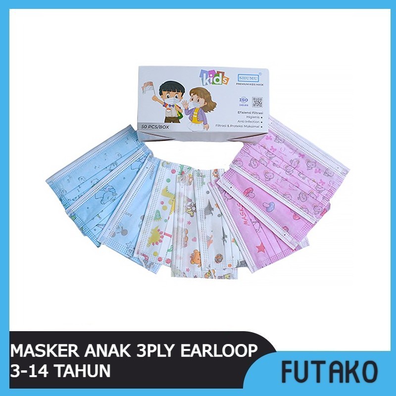 FUTAKO Masker Anak 3ply isi 50 Pcs Earloop 3 -14 Tahun Medical Grade