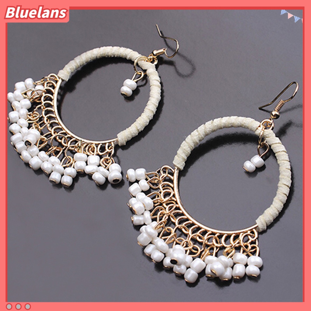 1 Pasang Anting Kait Gantung Desain Manik-Manik Rumbai Bahan Alloy Gaya Boho Untuk Wanita