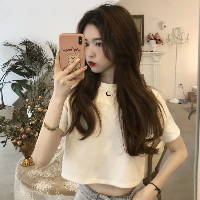 [littlecrab] Kaos Crop Bulan Sabit Elegan Atasan Wanita Trend Kekinian Moon Crop Top Simple Berkualitas Korean Style