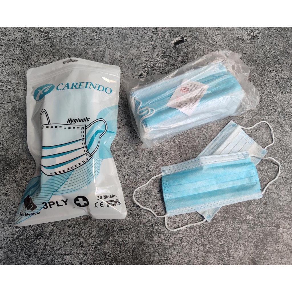 CAREINDO 3PLY POUCH ZIP -  MASKER 3PLY CAREINDO EARLOOP FACE MASK MEDICAL GRADE - BIRU HITAM