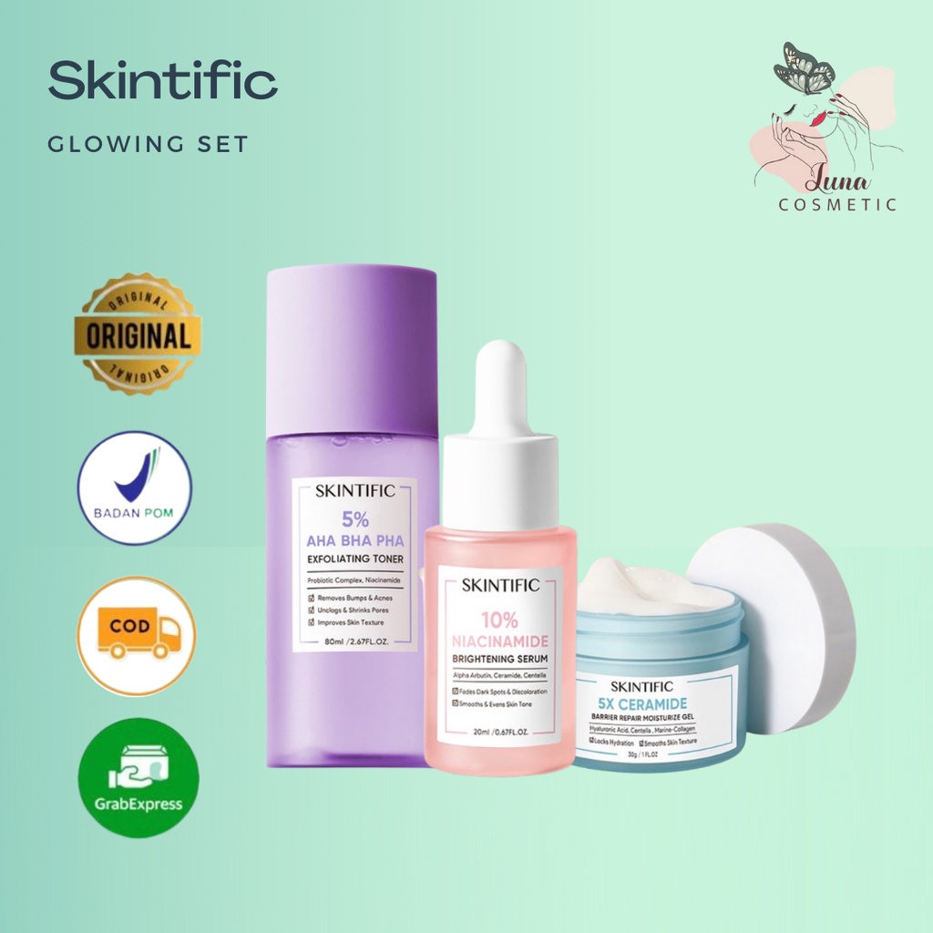 SKINTIFIC 3 pcs set with toner - 5X Ceramide Barrier Repair Moisturize Gel &amp; 10% Niacinamide Brightening Serum + 5% AHA BHA PHA